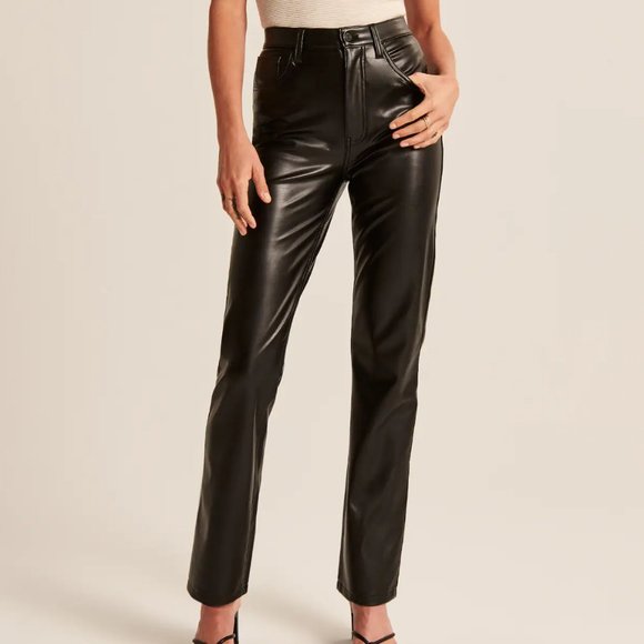 NWT Abercrombie Vegan Leather 90s Straight Pants (tik tok sensation) in black - Picture 1 of 6